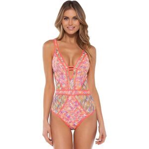 Becca by Rebecca Virtue Reveal Crochet Plunge One Piece Swimsuit Coral Crush S
